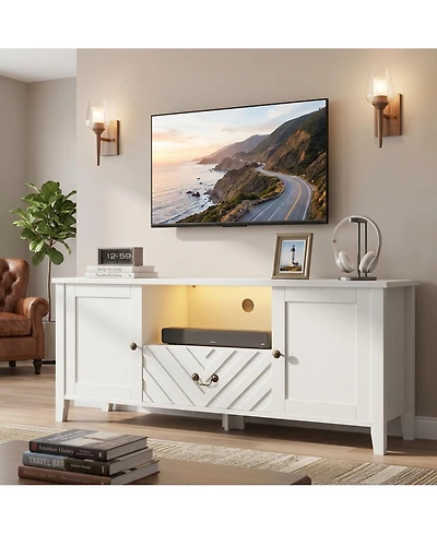 homfan Modern Farmhouse Tv Stand with Led Lighting, Storage Cabinets and Drawers