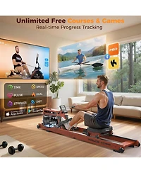 Fed Fitness Wood Water Rowing Machine for Home Use, Foldable Rower 400LBS Weight Capacity with Monitor and Bluetooth App, Comfortable Seat