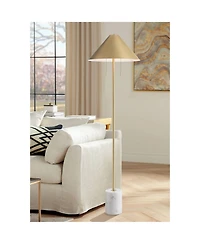 Possini Euro Design Scava Mid Century Modern 61 1/2" Tall Standing Floor Lamp Pole Pull Chain Marble Antique Brass Finish