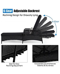 Outdoor Wicker Chaise Lounge with Adjustable Backrest, Cushion and Head Pillow-Black