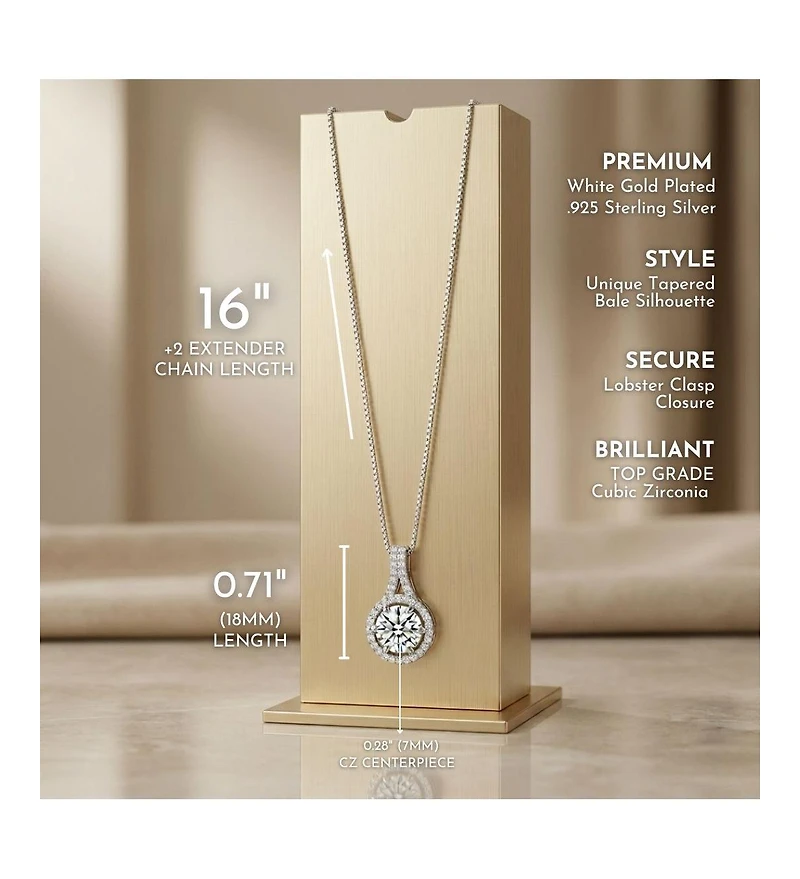 Genevive Sterling Silver with White Gold Plated Round Cubic Zirconia Drop Pendant Necklace