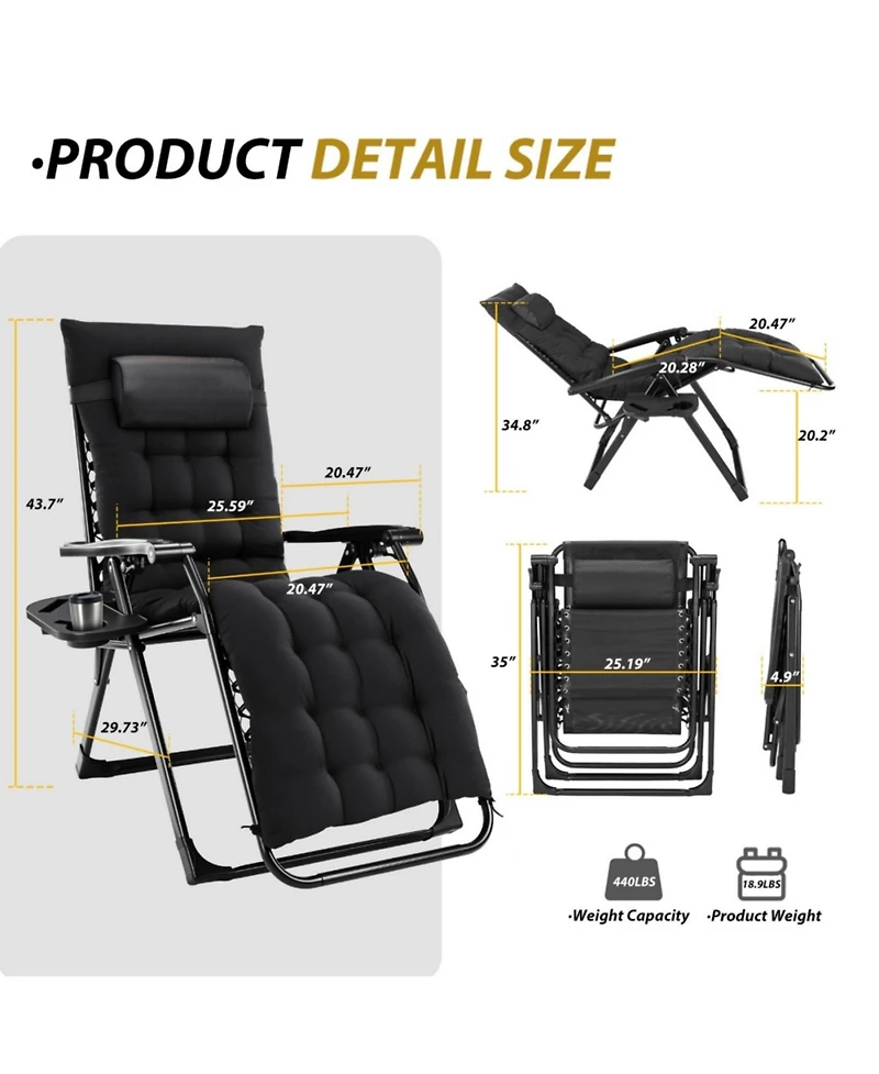 Yiortwo Zero Gravity Recliner Chair Folding Patio Lounge with Cushion Cup Holder