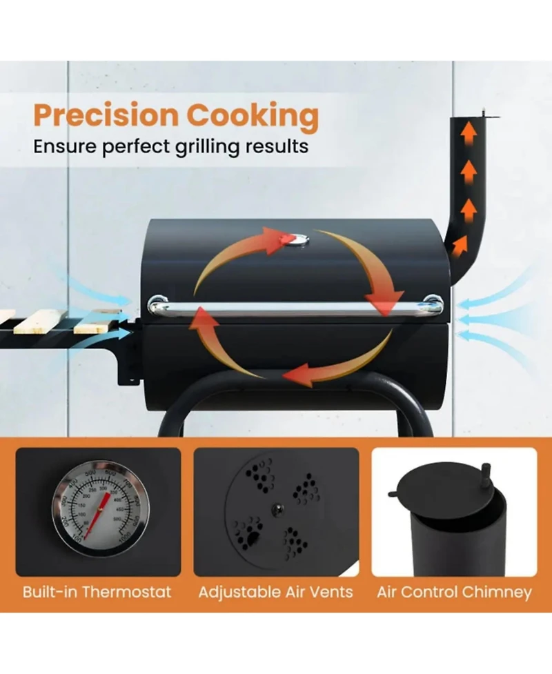 Yiortwo 24" Barrel Charcoal Grill with Thermometer, Foldable Side Table and Wheels