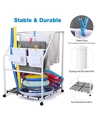 Yescom 424 Gal Pool Float Storage Bin 2 Tiers with Towel Rack Holder Set Rolling Noodles Raft Cart