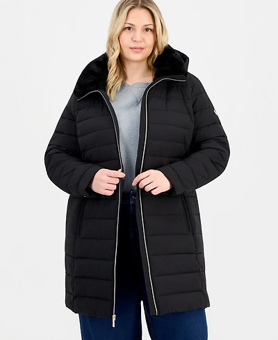 Michael Kors Plus Faux-Fur-Collar Hooded Packable Puffer Coat, Created for Macy's