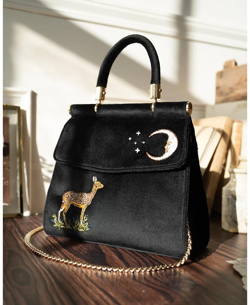Fable England Deer And Moon Embroidered Velvet Tote
