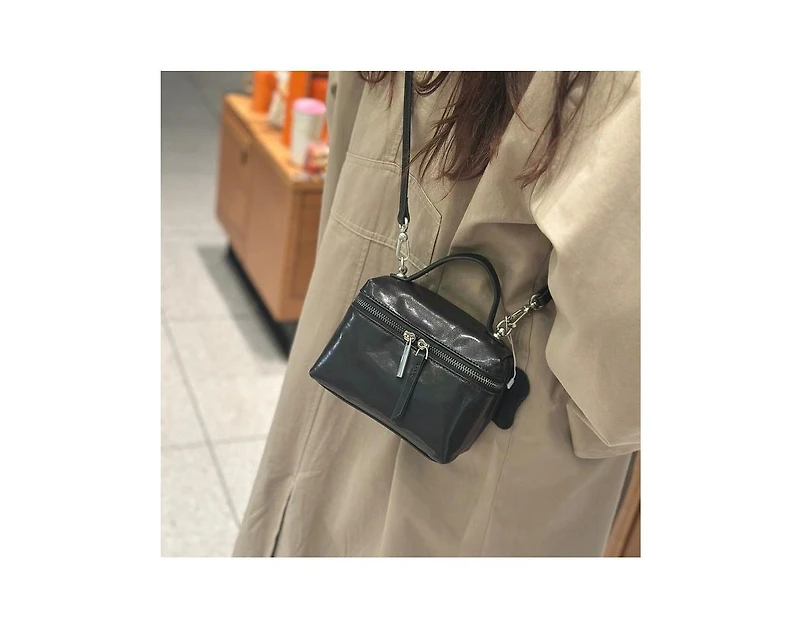 Susu Bella Vintage Leather Vanity Case Crossbody Bag, Mini Box Top Handle Small Purse