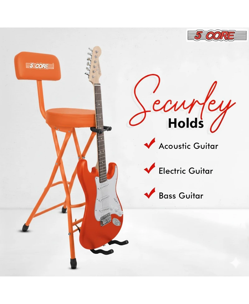 5Core Guitar Stool 3.15" Padded Chair w Backrest Foldable Music Seat Built in Foot Rest Guitar Stand