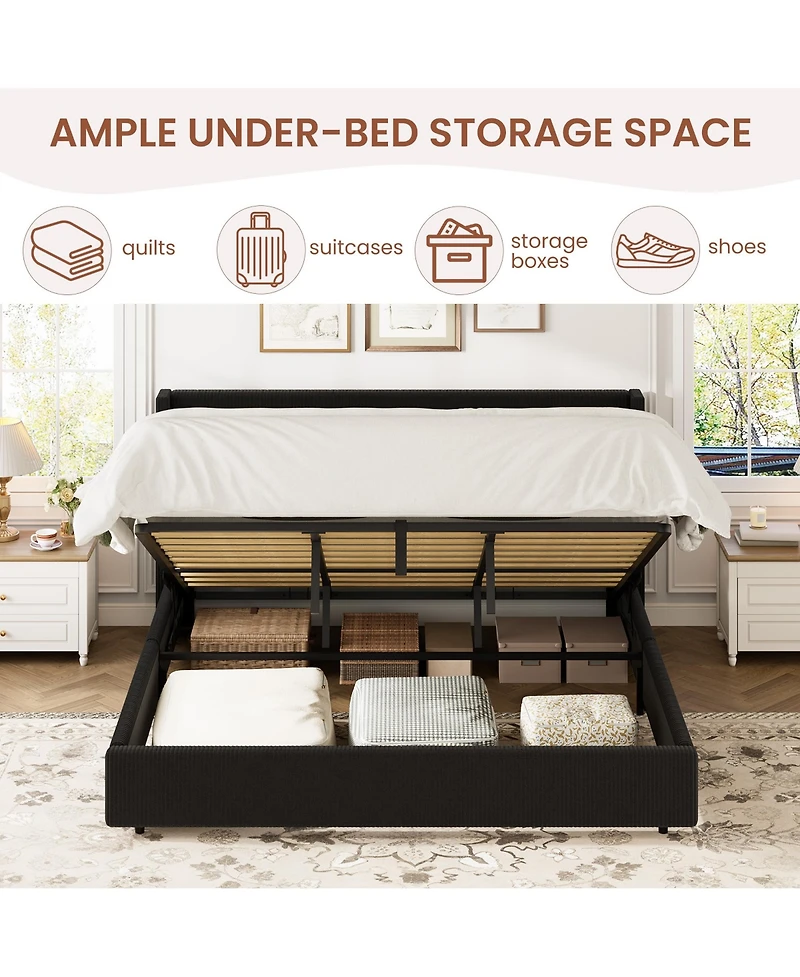 gaomon Lift Up Storage Bed Frame - Corduroy Upholstered Platform Bed with Gas Lift, Padded Headboard