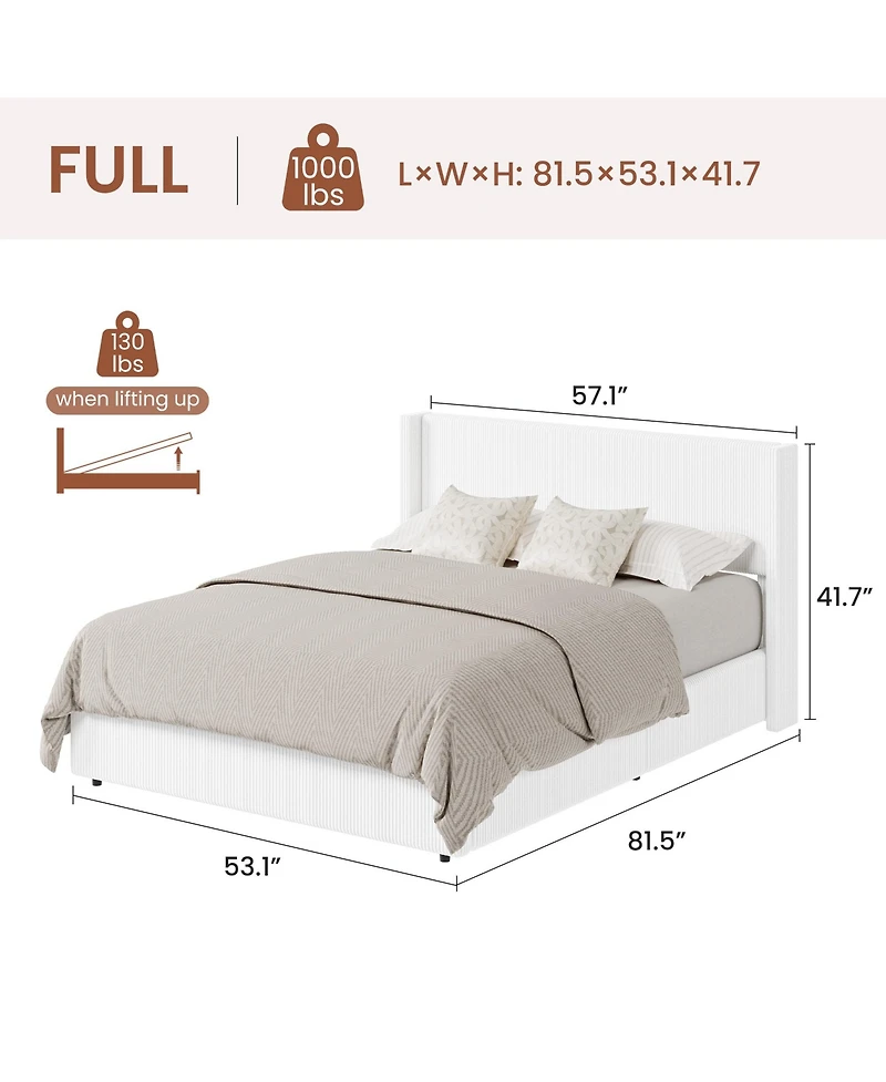 gaomon Lift Up Storage Bed Frame - Corduroy Upholstered Platform Bed with Gas Lift, Padded Headboard