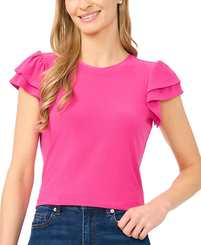 CeCe Women's Double Ruffle-Sleeve Crewneck Top