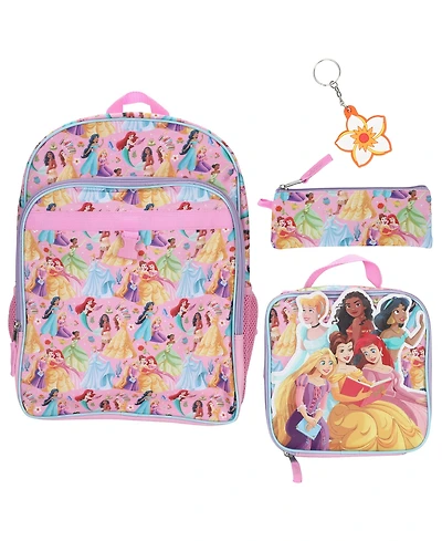 Disney Princess Girls' All Over Print Backpack, Lunch Bag, Pencil Case and Key Chain, 4-Piece Set
