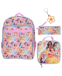 Disney Princess Girls' All Over Print Backpack, Lunch Bag, Pencil Case and Key Chain, 4-Piece Set