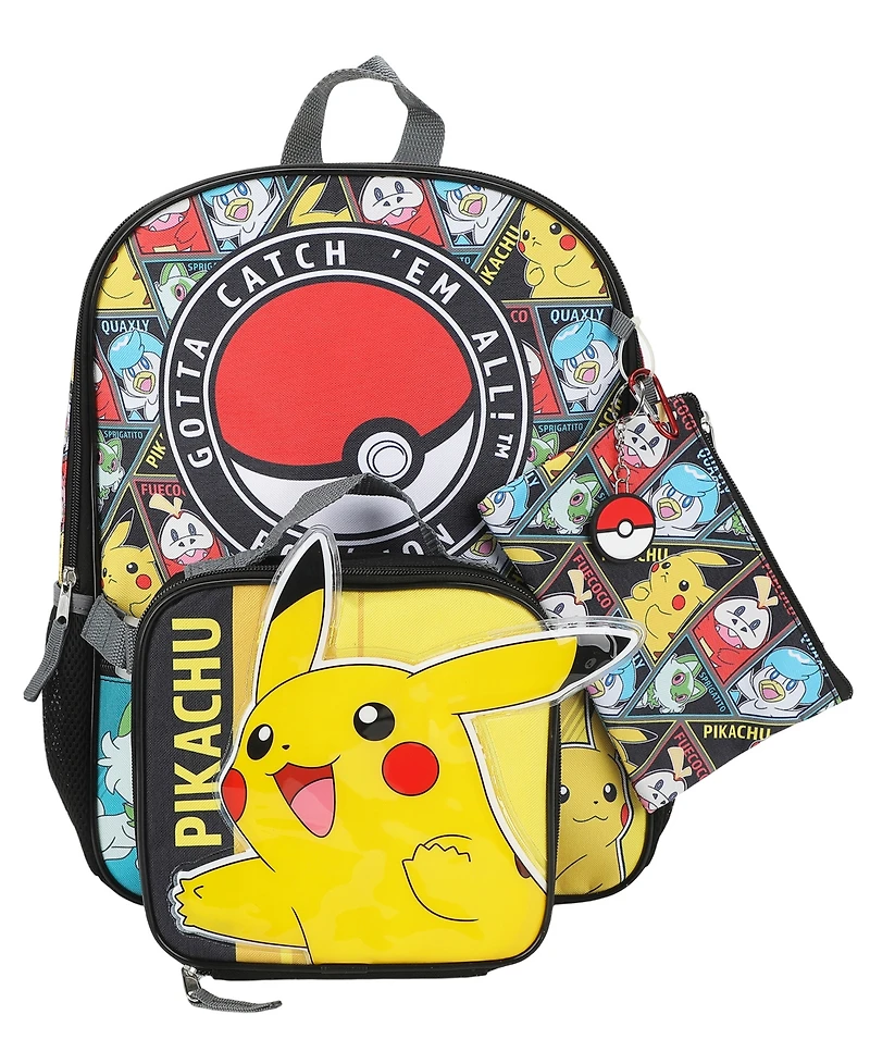 Pokemon Boys' and Girls' Backpack, Lunch Bag, Pencil Case, Key Chain and Caraniber, 5-Piece Set