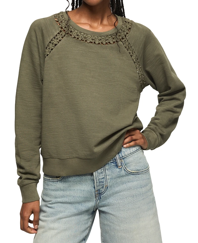 Lucky Brand Women's Lace Trimmed Fleece Crewneck Sweatshirt
