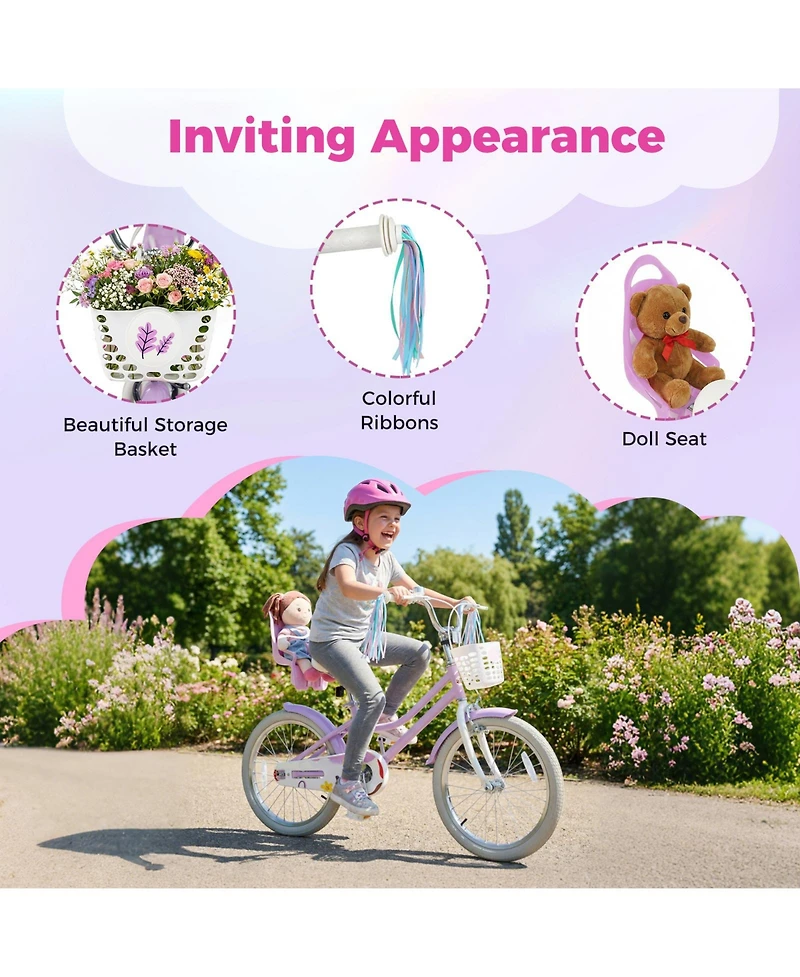 Slickblue Kids Girls Bike with Doll Carrier Seat Colorful Streamers