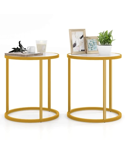 Gymax 2 pieces Sintered Stone Top Round Side Table 16''x16'' End Table with Golden Metal Frame