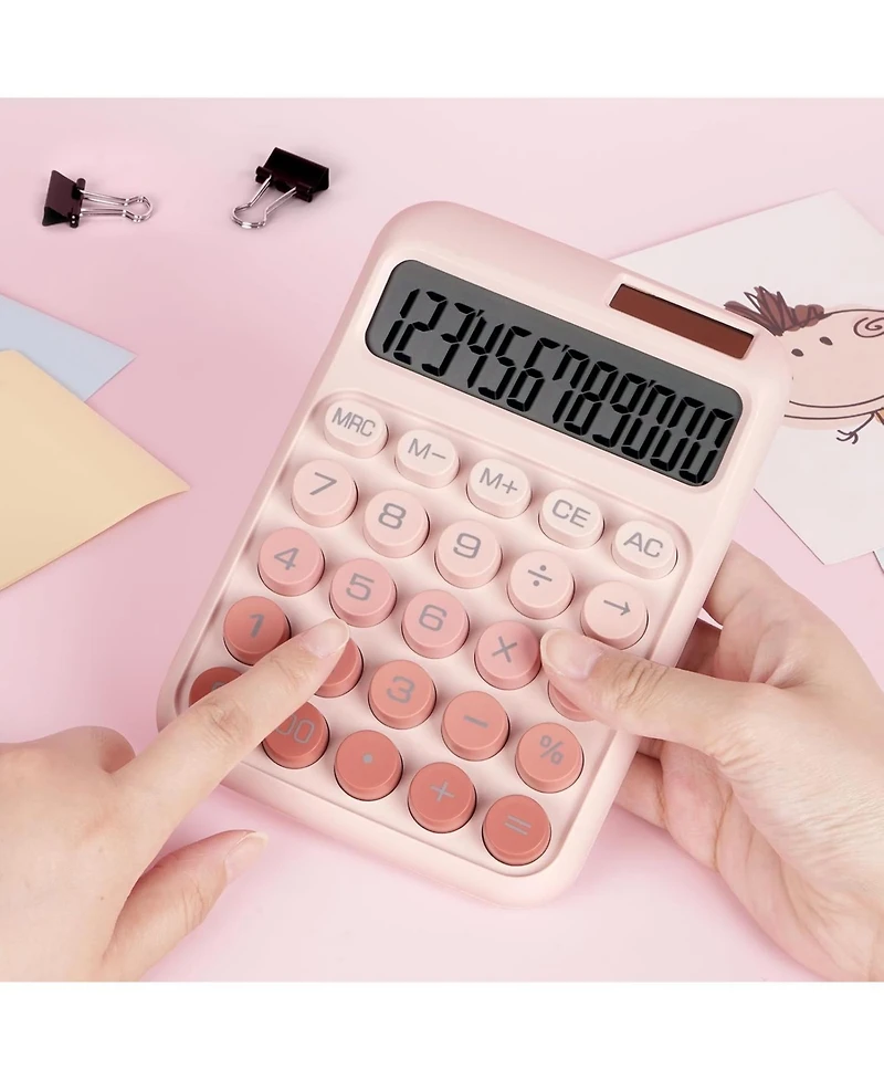 Danrong Mechanical Switch Big Button Calculator, 12 Digits Solar/Battery, Large Lcd Display Cute Pink for Teachers Students