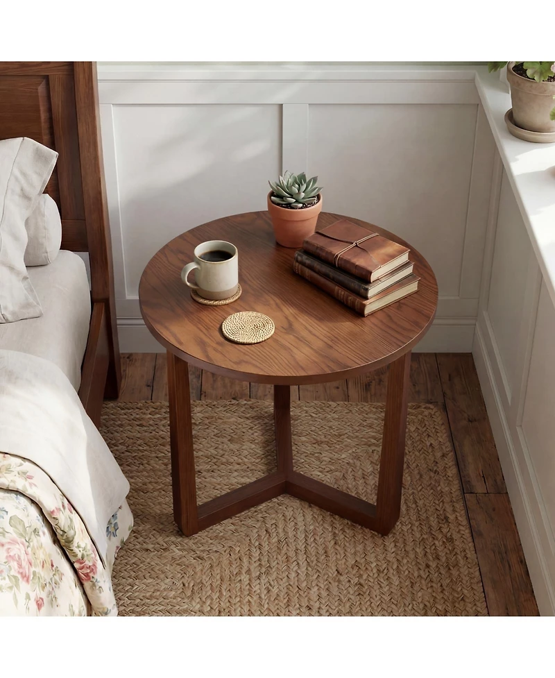 Gymax Round Side Table with Sturdy Rubber Wood Legs and Triangular Structure for Bedroom