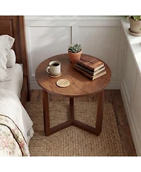Gymax Round Side Table with Sturdy Rubber Wood Legs and Triangular Structure for Bedroom
