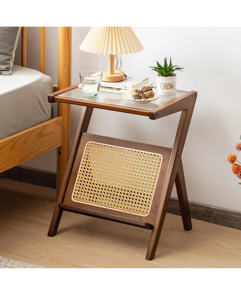 Gymax 2 Pieces Boho End Table with Magazine Rack Versatile Bamboo Bedside Table with Rattan Shelf