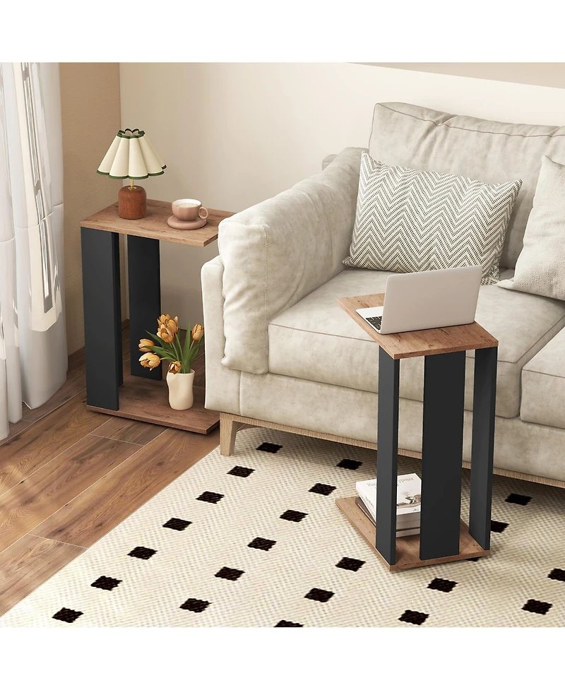Gymax 2 pieces 2-Tier C Shaped Side Table with Universal Wheels and Shelf for Small Space