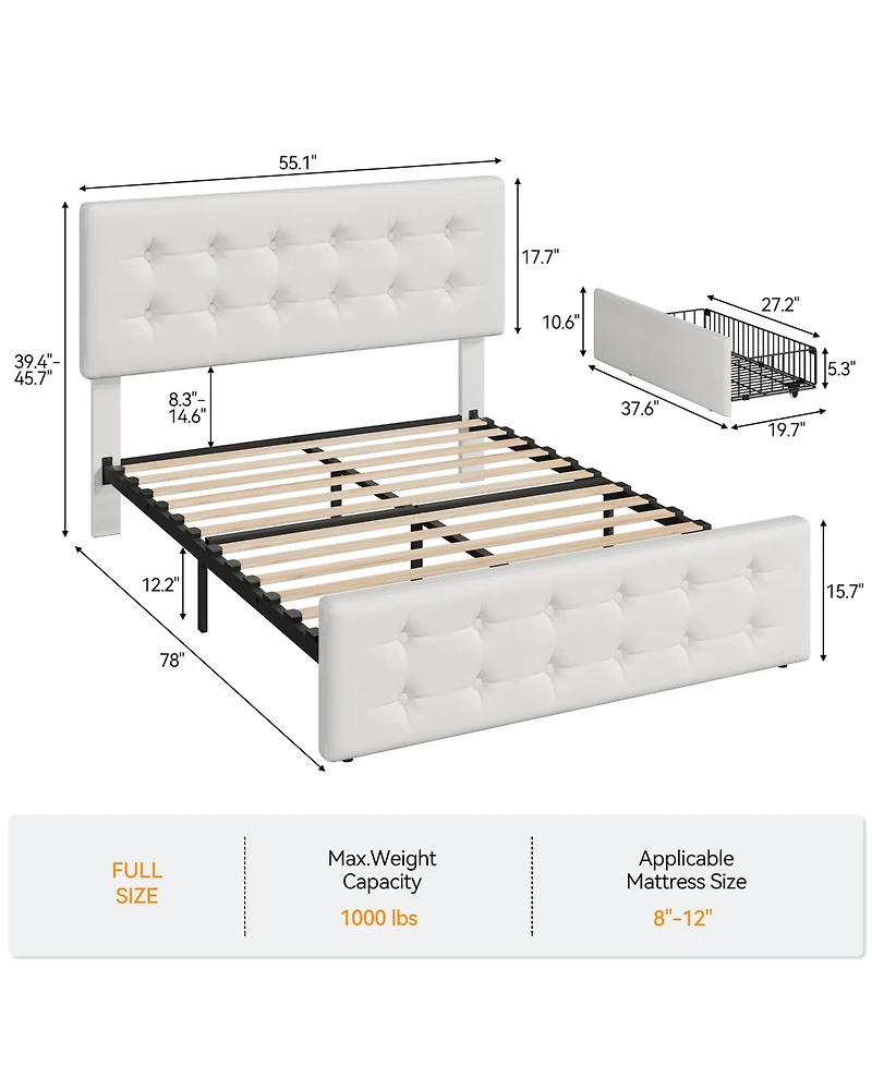 Homfan Upholstered Platform Bed Frame with 4 Storage Drawers, Button Tufted Headboard, Wooden Slats