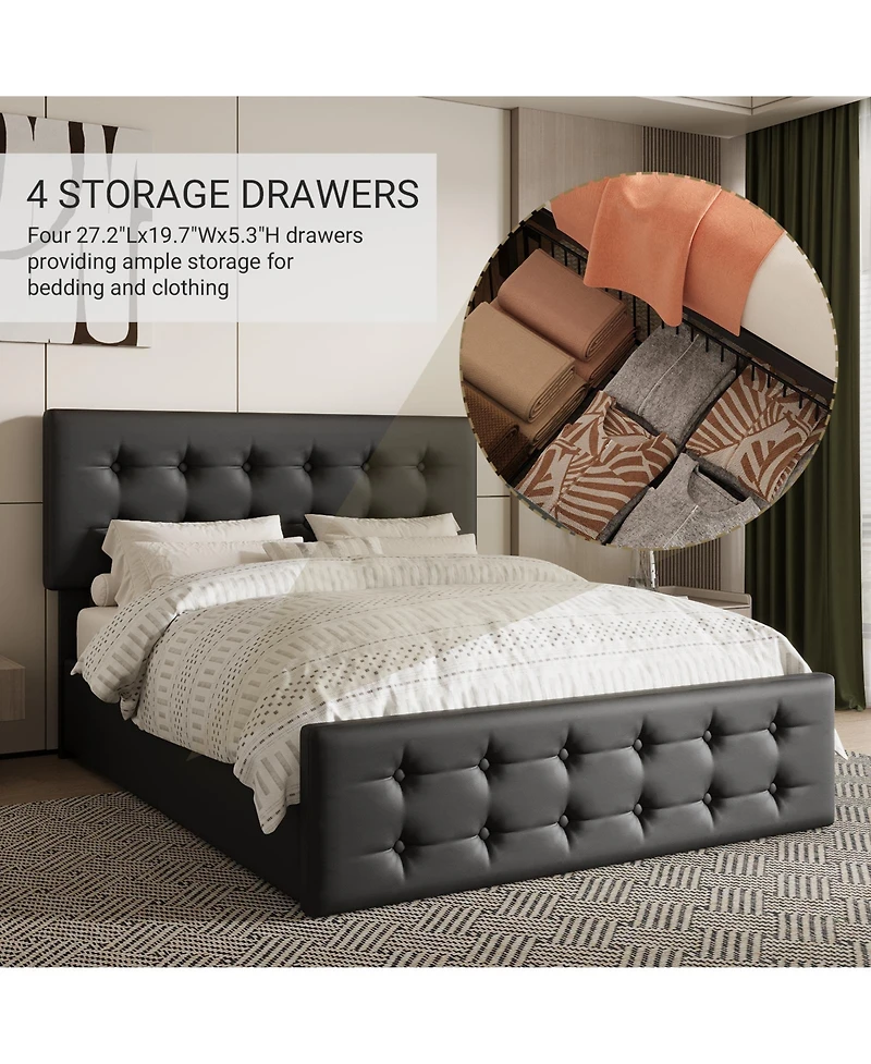 Homfan Upholstered Platform Bed Frame with 4 Storage Drawers, Button Tufted Headboard, Wooden Slats
