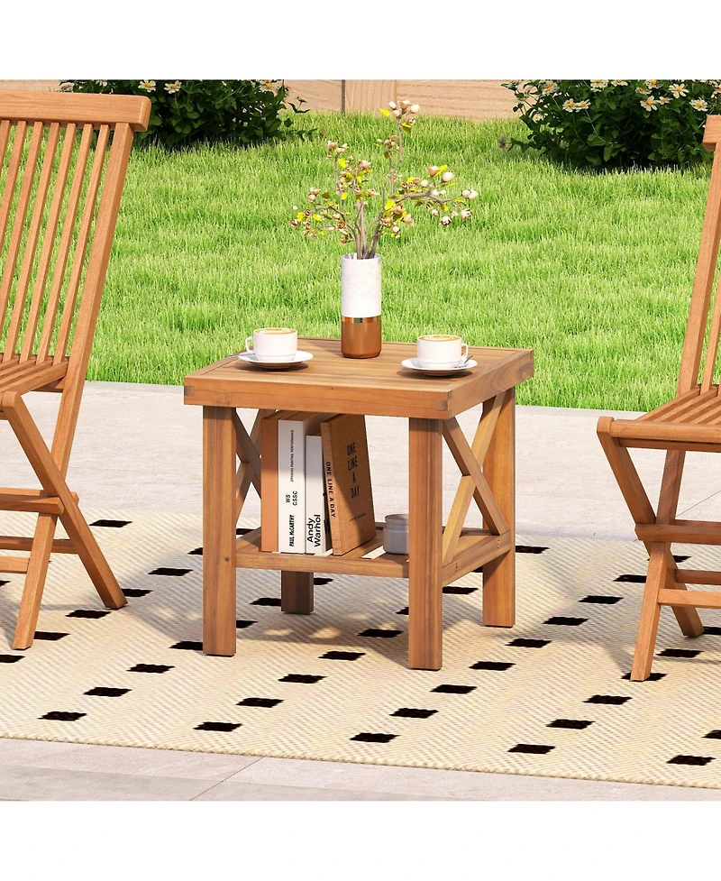 Gymax Outdoor Side Table Acacia Wood Adirondack Table with Storage Shelf