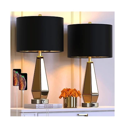 Sofucor 26.5-inch Set of 2 Mirrored Glass Bedside Table Lamps with 2 Usb Ports for Bedrooms Modern Amber Side Nightstand Lamps
