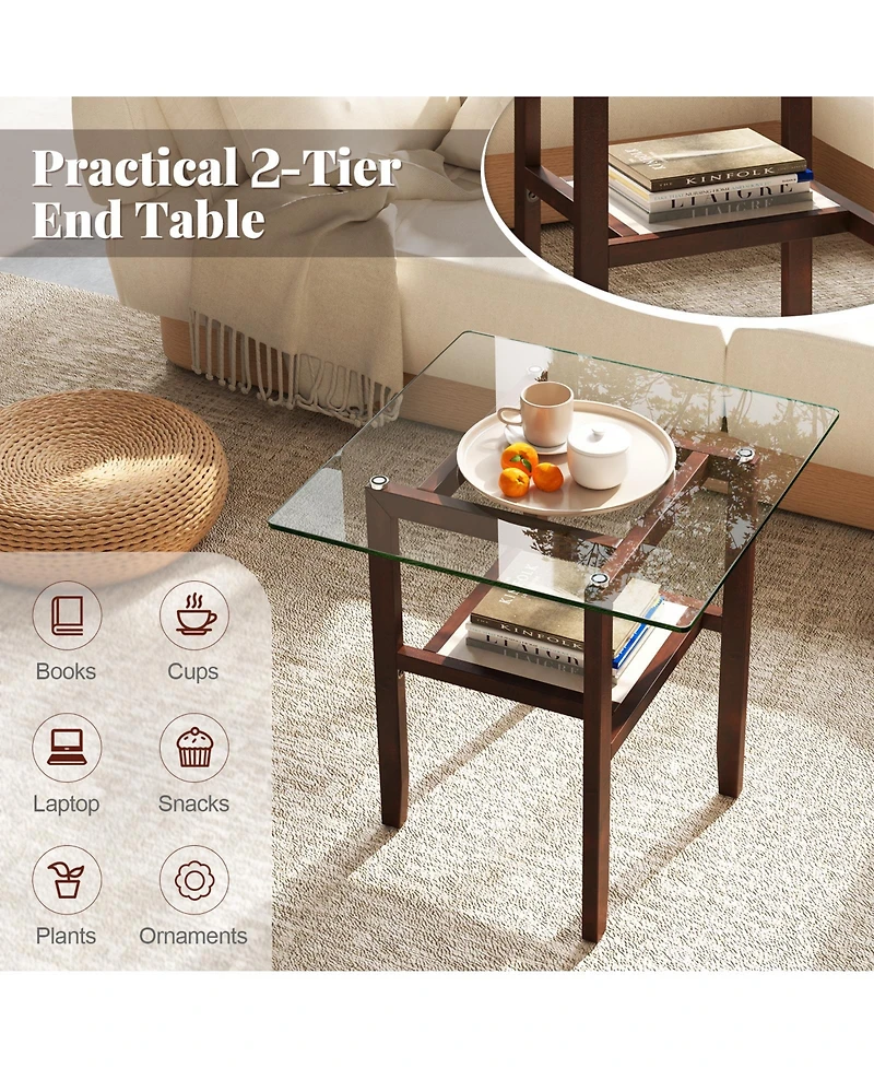 Gymax 24'' Square Glass Side Table with Storage Shelf and Rubber Wood Frame for Living Room