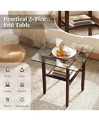 Gymax 24'' Square Glass Side Table with Storage Shelf and Rubber Wood Frame for Living Room