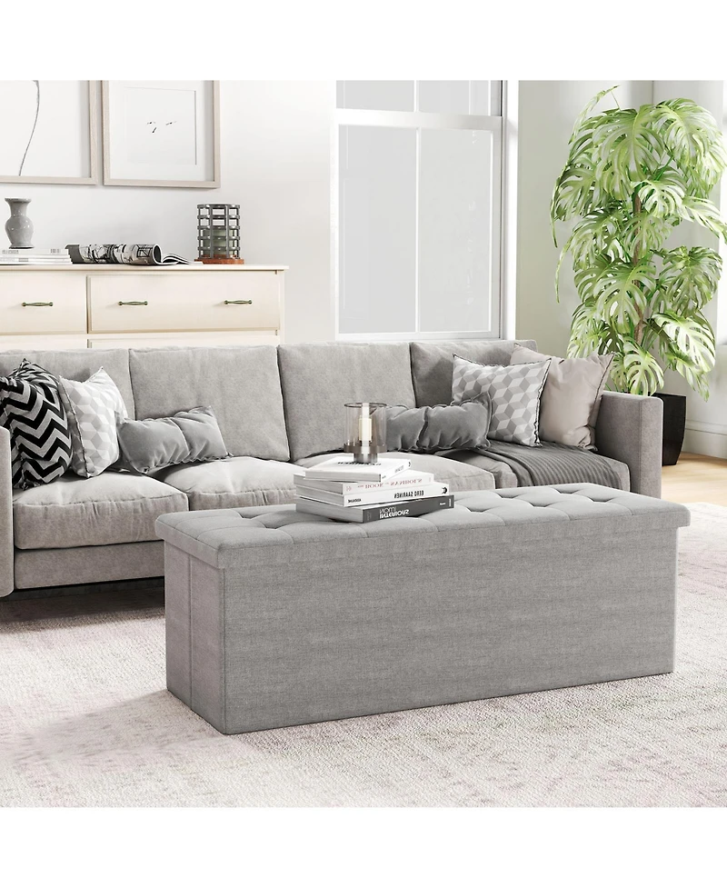 Slickblue End of Bed Folding Ottoman Bench with Linen Upholstery and Hidden Storage