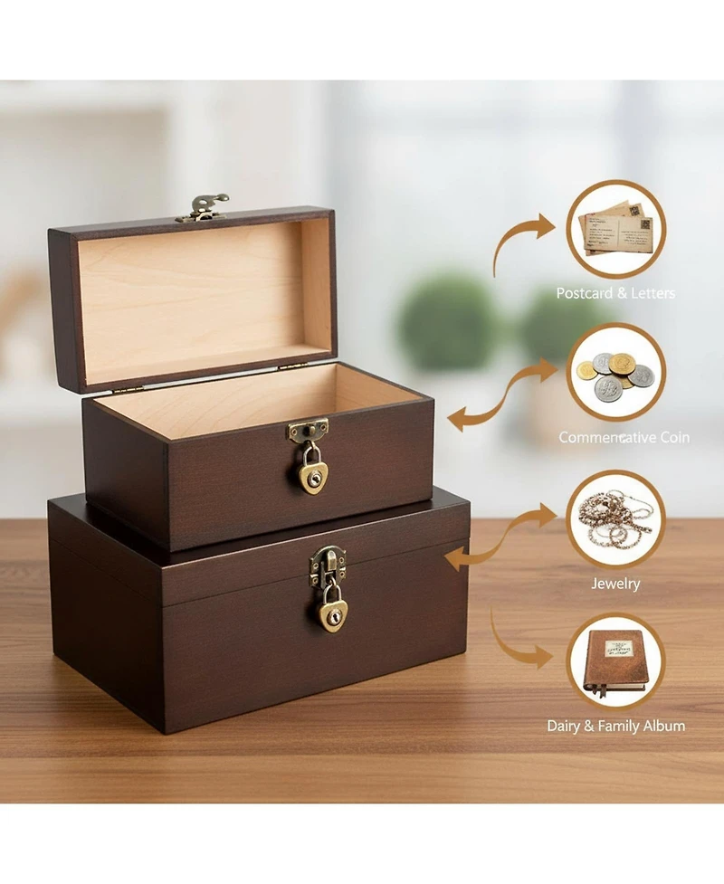 Yigii Set Of 2 Decorative Wood Storage Boxes Hinged Lid Keepsake Organizer Gift Container For Home Office