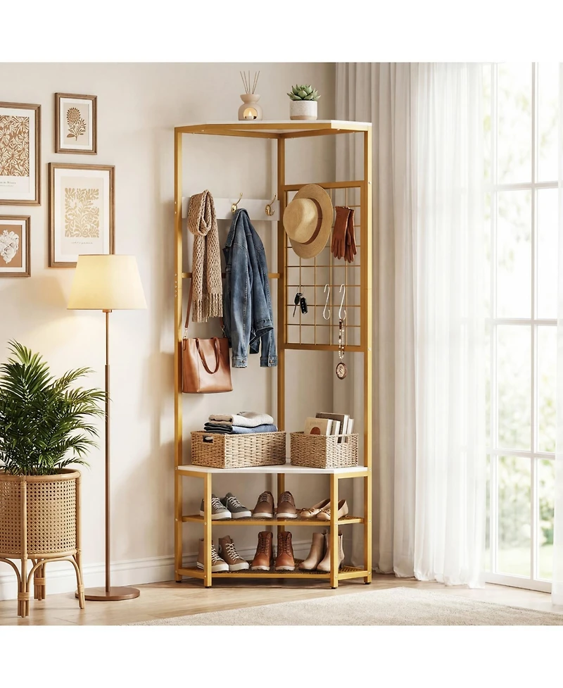 Slickblue Freestanding Corner Hall Tree with Removable Hooks & Shelves