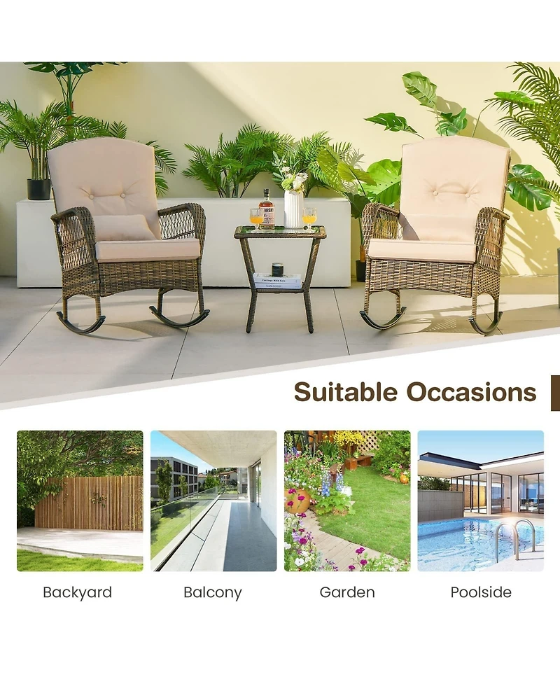GarveeLife Outdoor Wicker Rocking Chairs, Pe Rattan Garden Rocking Chairs Wicker Garden Armchair with Thick Cushion Pillow Patio Rocker Chair