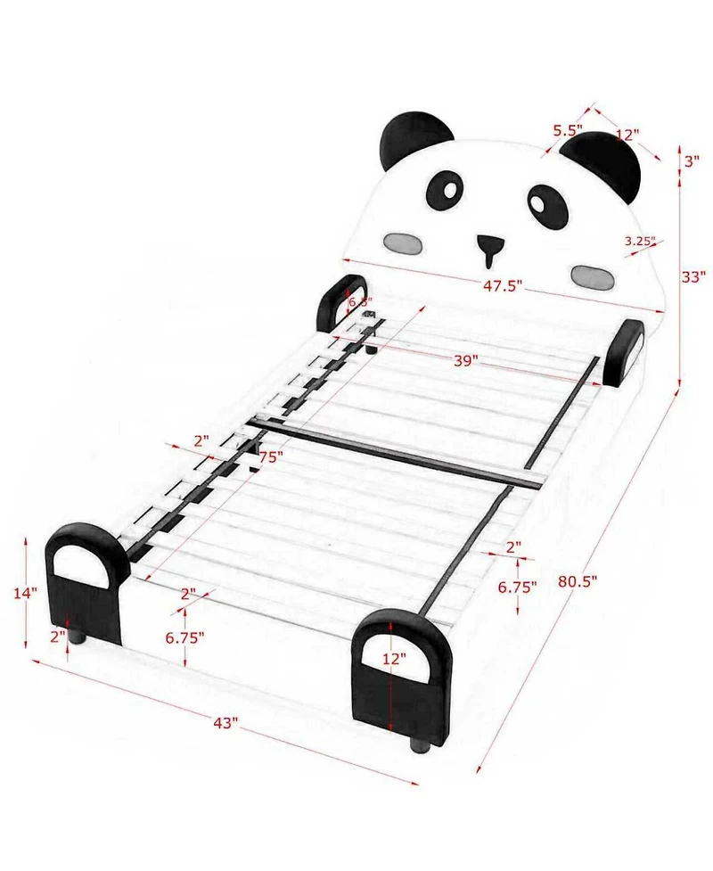 Rainsken Twin Size Upholstered Platform Bed, Solid Wood Kids Bed Frame with Cute Panda-Shaped Headboard, Safety Soft Padded Edges for Children
