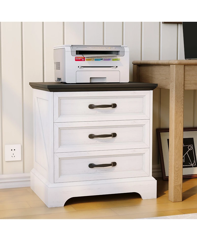 homfan Farmhouse Bedside End Table with Built-in Charging Station, 3 Large Drawers, Wooden Nightstand for Bedroom and Living Room
