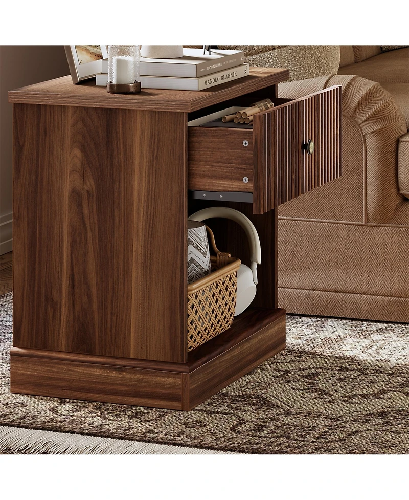 homfan Mid Century Modern Fluted Bedside Cabinet with Drawer, Space Saving Bedside Table with Large Storage for Bedroom and Living Room