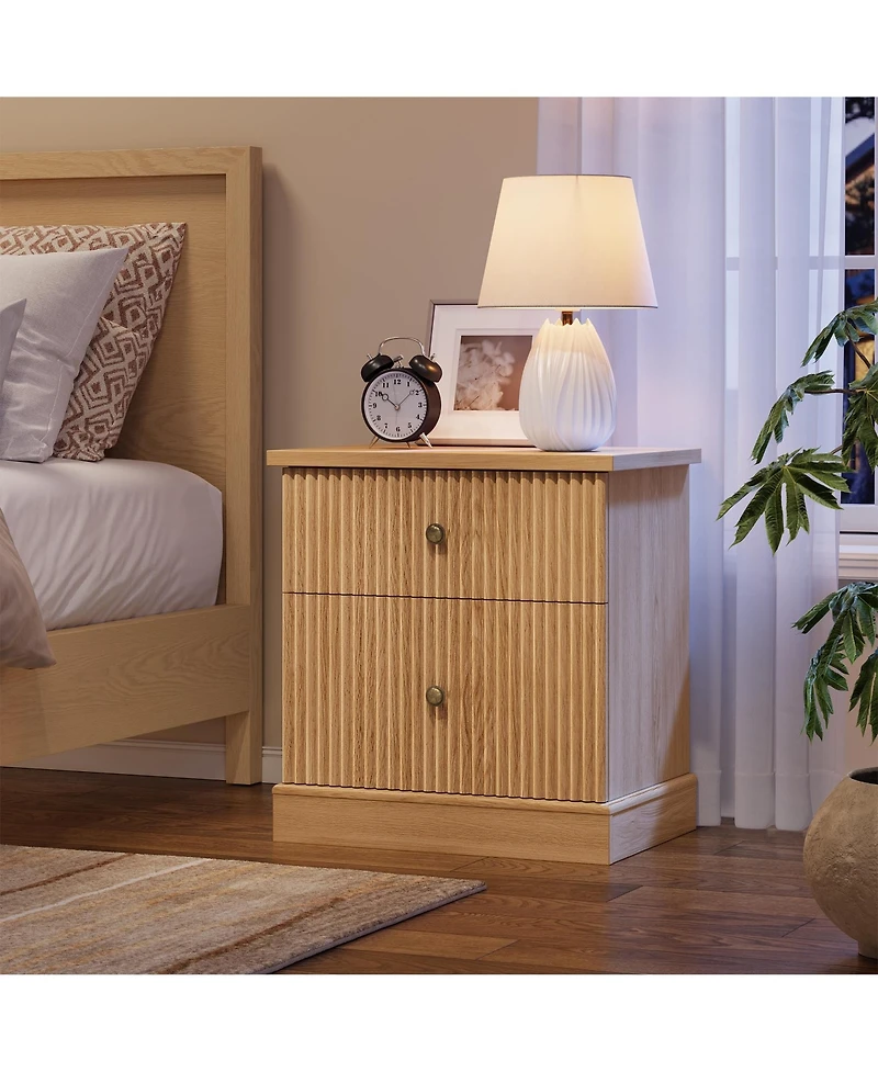 homfan 24 Inch Modern Fluted Nightstand, Small Accent Storage Cabinet with 2 Drawers, Curved Steady Base Side End Table