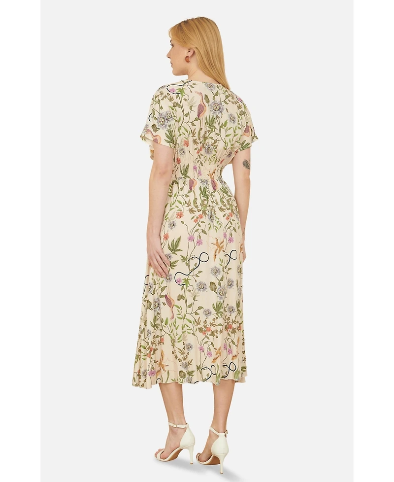 Yumi Women's Short Sleeve V-Neck Ruched Midi Dress