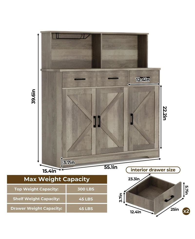 gaomon Farmhouse Sideboard Buffet Cabinet with Microwave Stand, Barn Doors Buffet Storage Cabinet with Drawers and Shelves