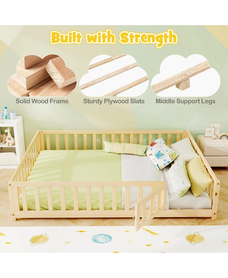 Sugift Montessori Bed Frame with Full-length Guardrails Safety Door and Latch