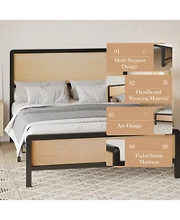 homfan Rattan Platform Bed Frame with Curved Headboard and Footboard, Metal Slat Support, Underbed Storage, No Box Spring Needed