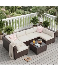 homfan 7-Piece Outdoor Sectional Set with Pe Rattan Wicker, Thick Cushions and Tempered Glass Coffee Table, Modular Patio Seating