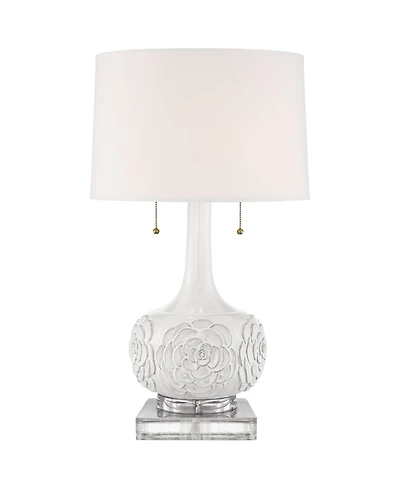 Possini Euro Design Natalia Modern Country Cottage Table Lamp with Square Riser 28.5 Inches Tall Ceramic Drum Shade for Bedroom Living Room