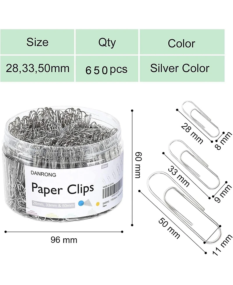 Danrong 650 Pieces Paper Clips Assorted Sizes 1.1/1.3/2 Inch, Small Medium Large Silver Paperclips for Office School Home
