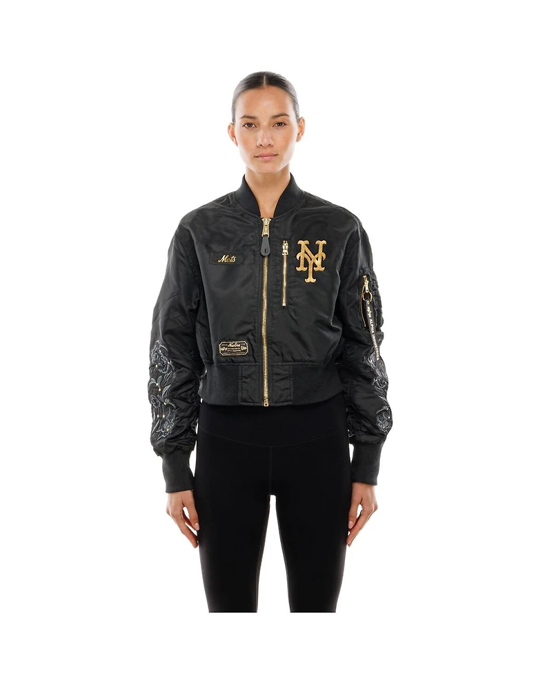 New Era X Alpha Industries Women's Black York Mets Cropped Full-Zip Jacket