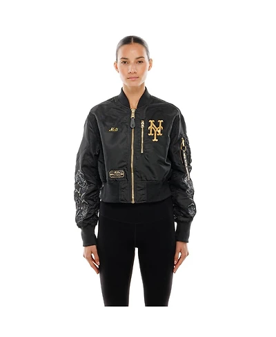 New Era X Alpha Industries Women's Black York Mets Cropped Full-Zip Jacket