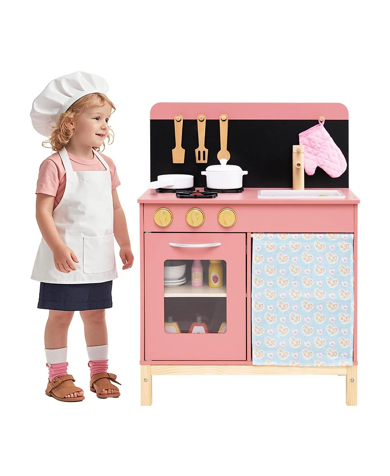 Slickblue Kids Wooden Pink Kitchen Playset with Door Curtain Pretend Play